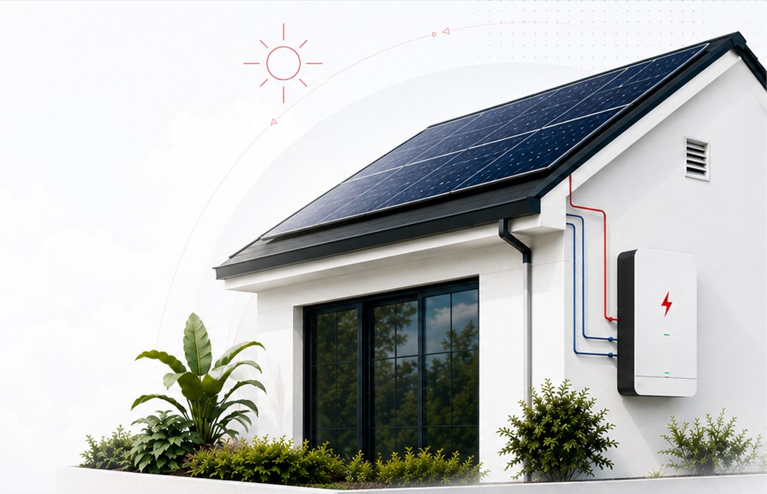 Modern Adelaide home with rooftop solar panels and a wall battery system